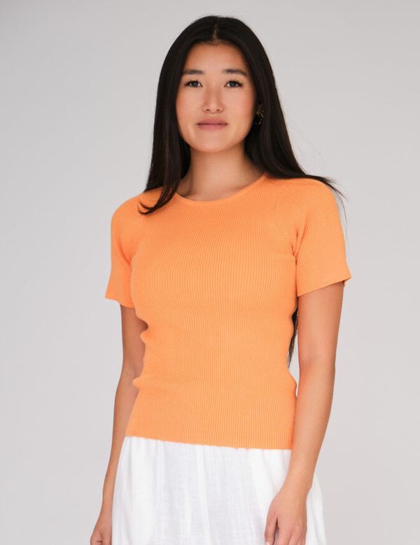 Rib knit short sleeve top Orange - A-view